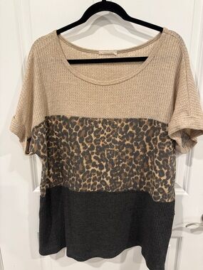 First Love Beige Leopard & Black Colorblock Short Sleeve Top